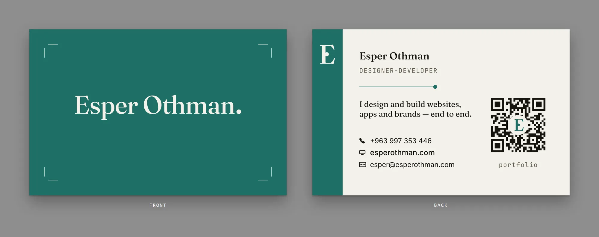 The English edition — the shared teal front, and the contact back where the mark sits inside the QR.