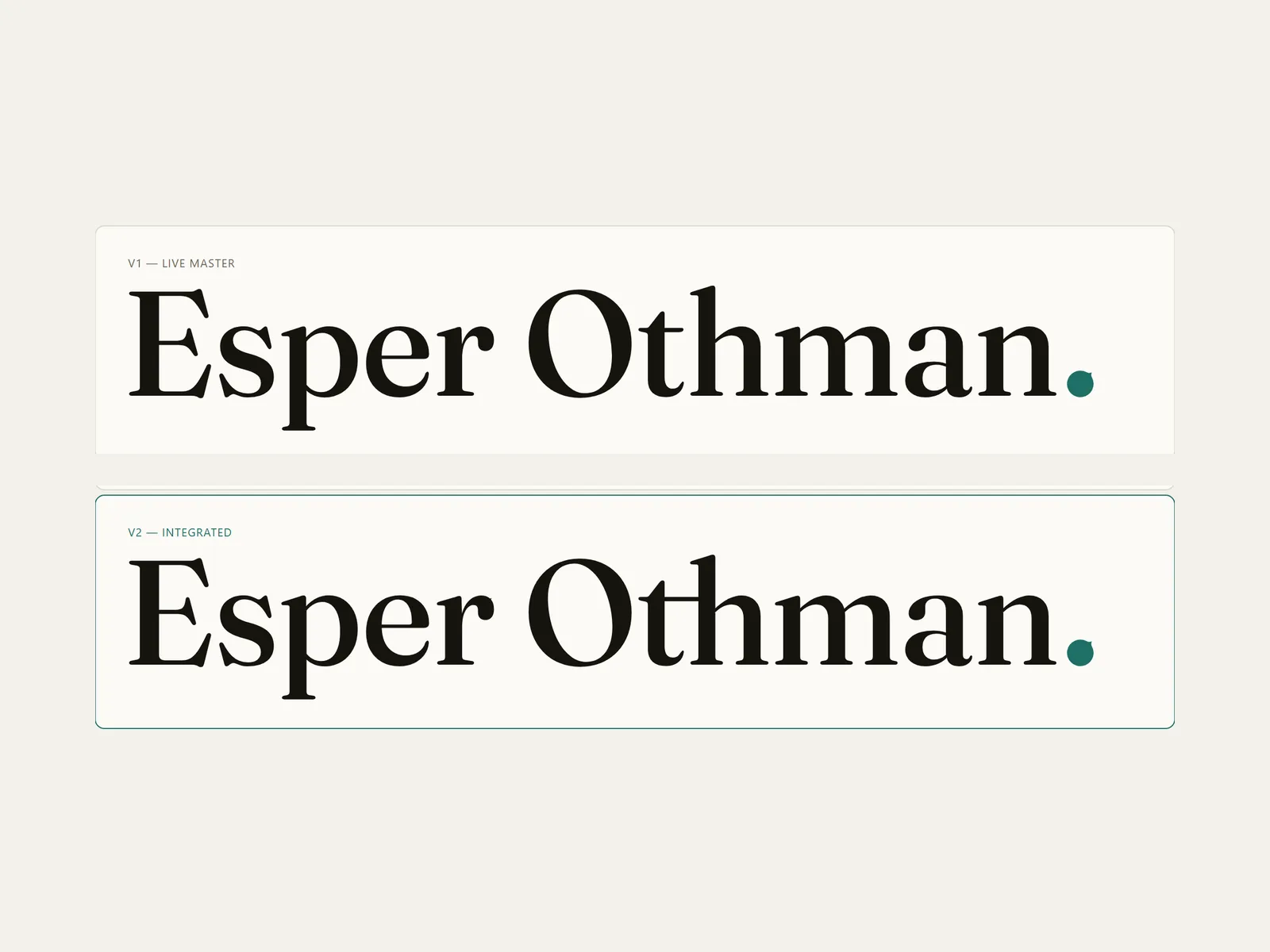 V1, the live master, above V2 with the four shipped interventions applied — same rectangle, same advances, different letters.