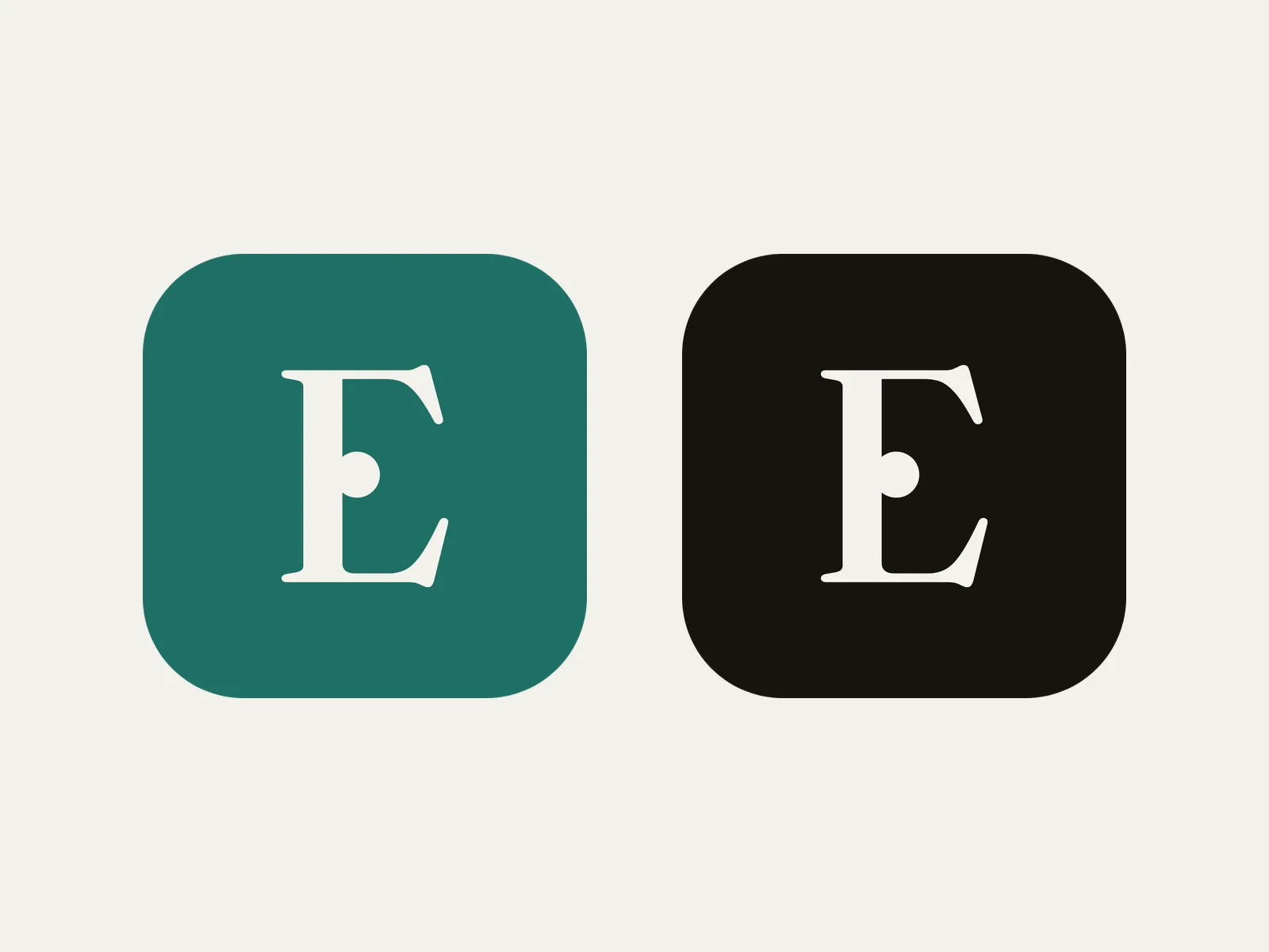 The mark as it ships — the teal tile and the ink tile, the same load-bearing E in both.