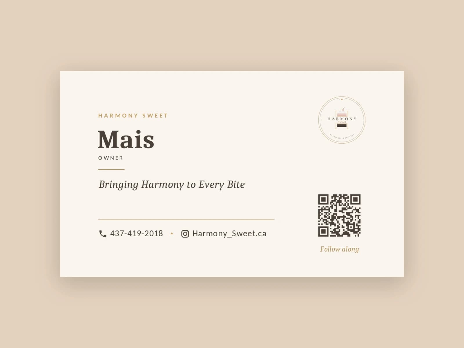 The business card back — the identity in use: owner, slogan, contact, and a QR to the brand's Instagram.
