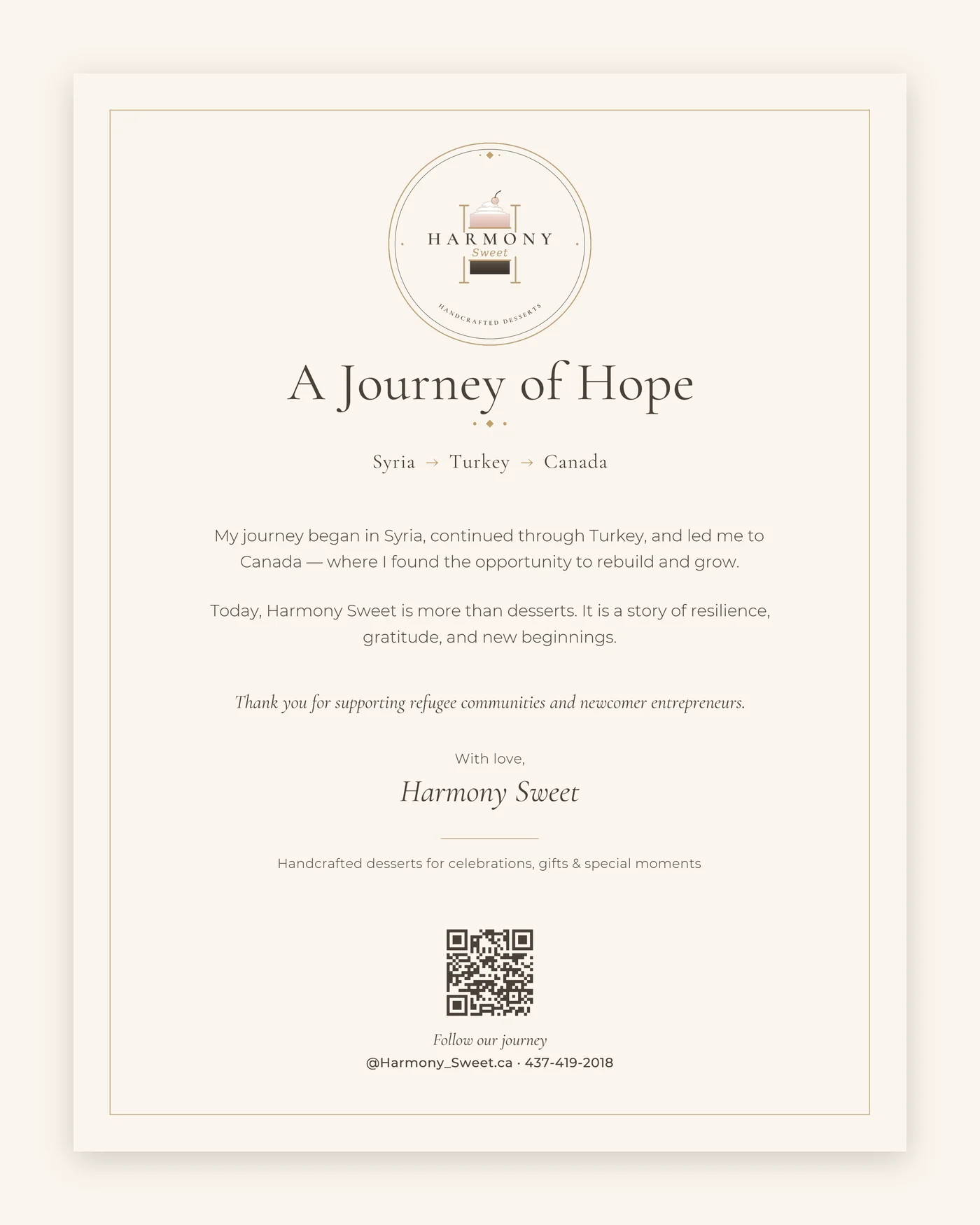 The event flyer, 'A Journey of Hope' — set in Cormorant Garamond and Montserrat.
