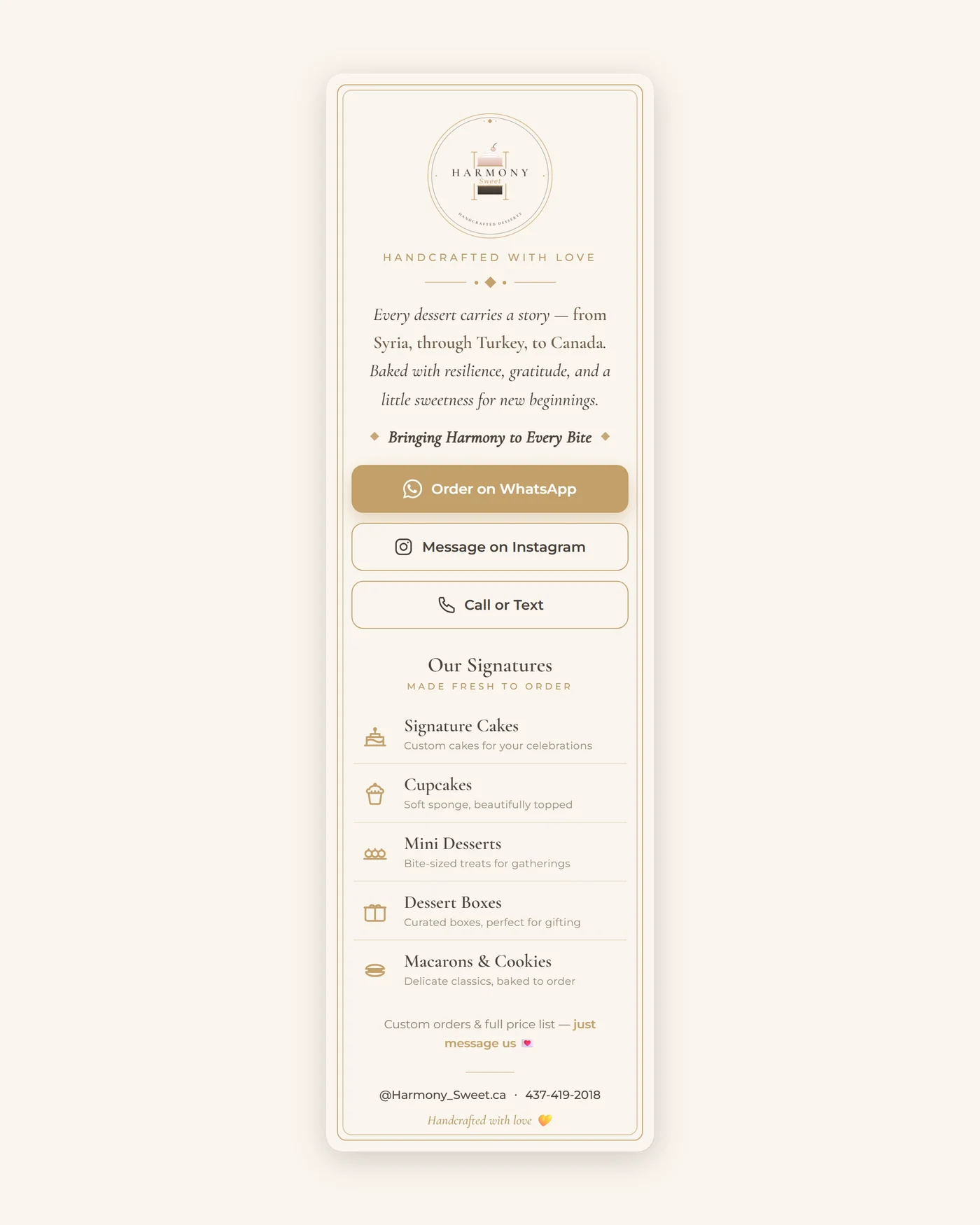 The one-page site — offerings, slogan, brand story and contact in a single scroll.