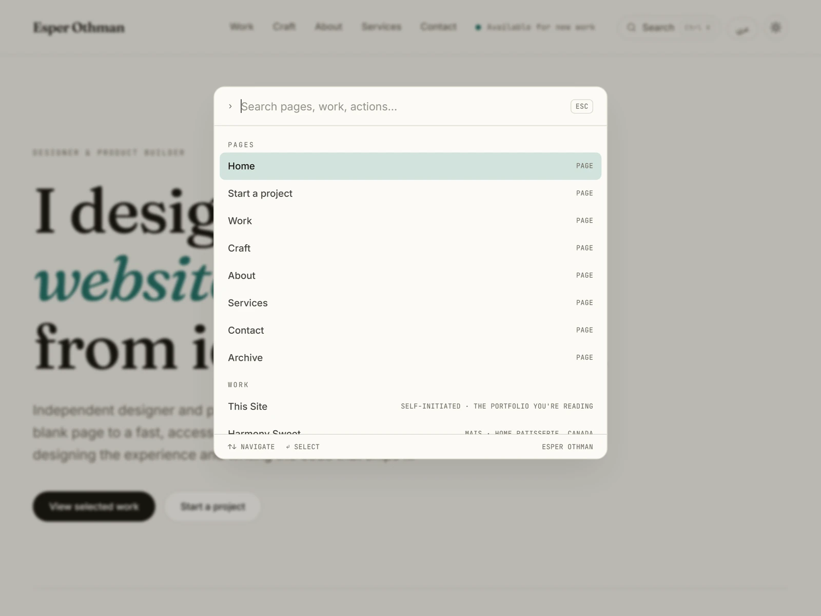 The command palette open — search pages, work, and quick actions from anywhere.